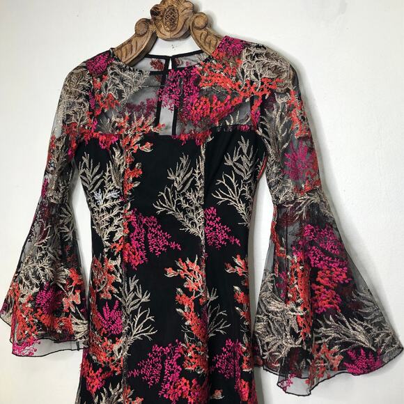 Jay Godfrey Mini Dress Floral Embroidery Sheer Overlay Bell Sleeve Flare 4 - Picture 4 of 11